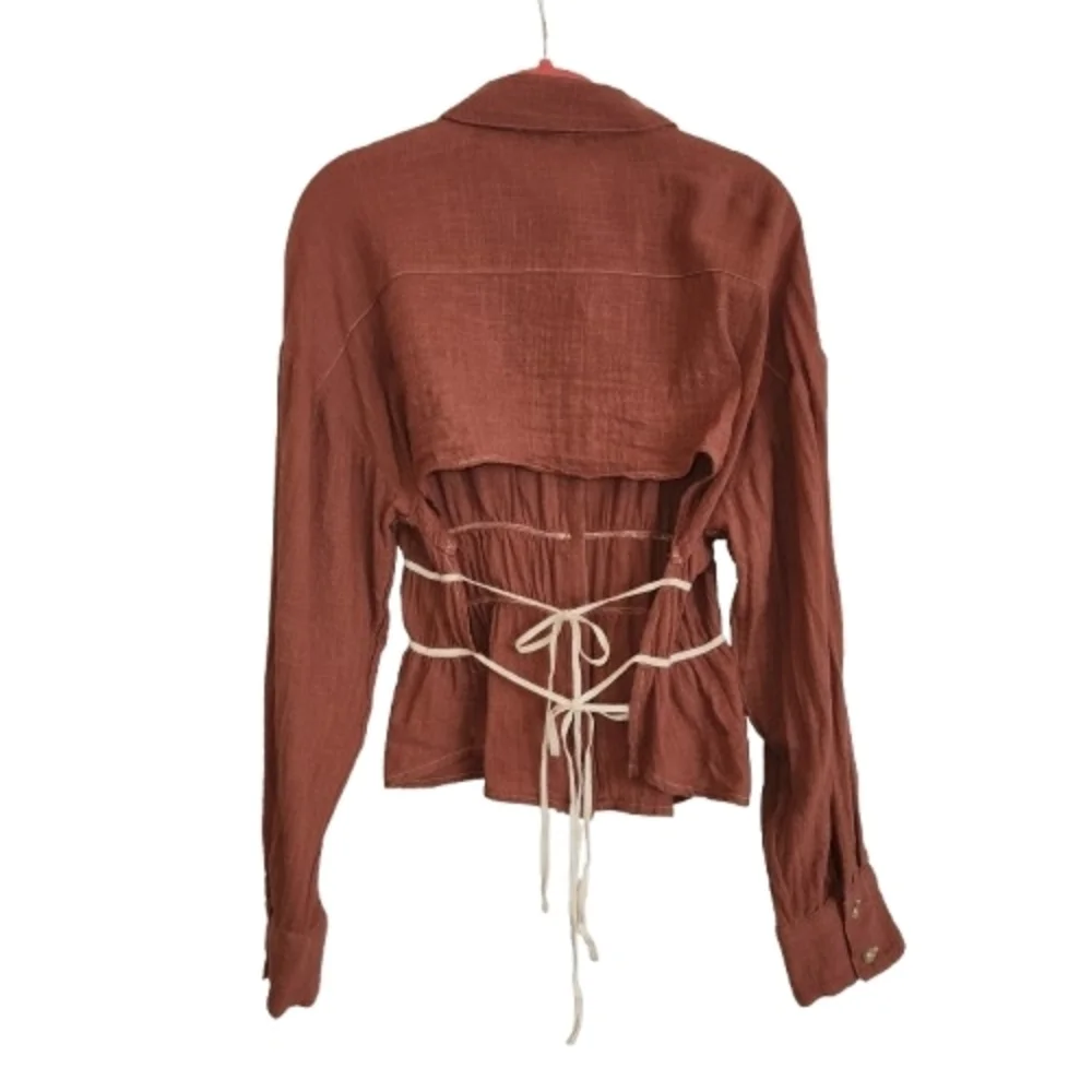 Free People Morrison Shirt Brown Button Down With Tie Cropped Back Size S Cotton
